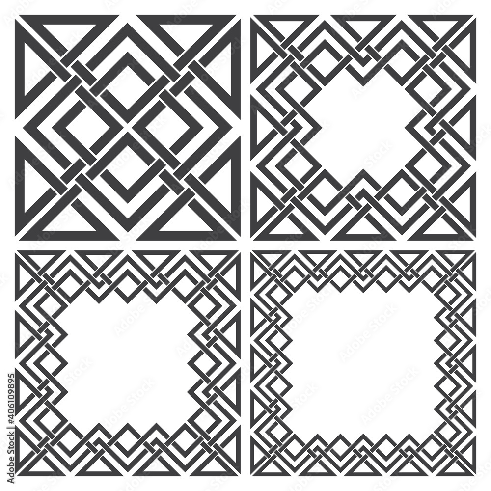 Poster set of square frames, rectangular patterns. 4 decorative elements for design with stripes braiding b