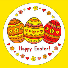 Happy easter greeting card  with easter eggs in a circle. Festival eggs with a geometric pattern. Place for your text. Vivid  bright colors -  yellow, orange, red. Holiday design. Vector illustration.