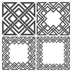 Set of square frames, rectangular patterns. 4 decorative elements for design with stripes braiding borders. Black lines on white background.