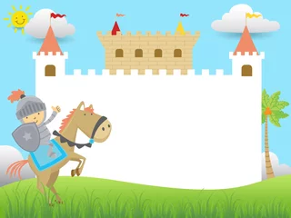 Fotobehang Vector cartoon of blank empty background frame with little knight riding horse © Bhonard21