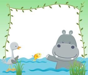 Vector cartoon of blank empty background frame with funny hippo and crane bird in swamp