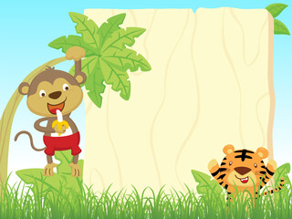 Obraz na płótnie Canvas Vector cartoon of blank empty background frame with monkey hang on banana tree while holding banana, tiger hiding in bush