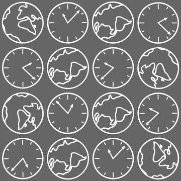 Decorative seamless pattern with stylized watches and planet in doodle cartoon style. White contours isolated on a dark gray background. Vector design for web, wallpaper, fabric, packaging paper.