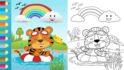 Naklejka premium Vector cartoon of funny tiger swimming using lifebuoy in river, coloring book or page