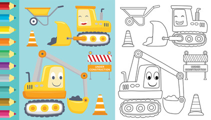 Vector cartoon of construction vehicles with construction signs and wheelbarrow, coloring book or page © Bhonard21