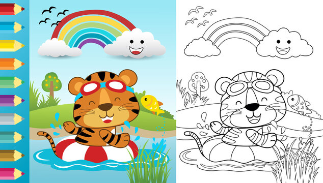 Vector cartoon of funny tiger swimming using lifebuoy in river, coloring book or page