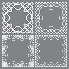 Set of square frames, rectangular patterns. 4 decorative elements for design with stripes braiding borders. White lines with black strokes on gray background.