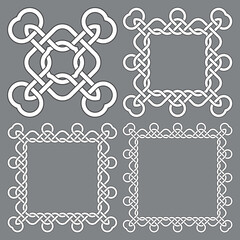 Set of square frames, rectangular patterns. 4 decorative elements for design with stripes braiding borders. White lines with black strokes on gray background.