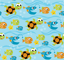 Naklejka na ściany i meble Seamless pattern vector of marine animals cartoon. Turtle and fishes swimming under blue sea