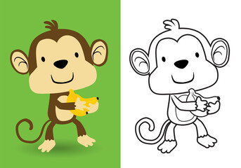 Vector cartoon of funny monkey carrying banana on its hand, coloring book or page for kids