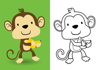 Vector cartoon of funny monkey carrying banana on its hand, coloring book or page for kids © Bhonard21