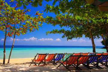 View on isolated colorful empty deck chairs in a row on tropical beach, Thailand, Ko Phi Phi - tourism industry perspective concept