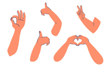 Fototapeta premium Icons set of hands showing different approving positive gestures - OK, thumb up, Victory and Love, cartoon vector illustration isolated on white background.