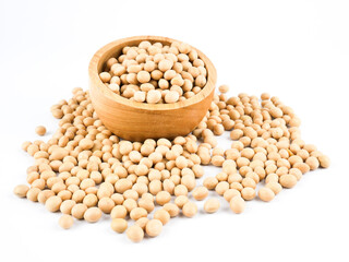Soybeans in a wooden bowl isolated on a white background, side view with copy space for text. element of food healthy nutrients and herb vegetable ingredient concept