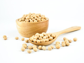 Soybeans in a wooden bowl isolated on a white background, side view with copy space for text. element of food healthy nutrients and herb vegetable ingredient concept