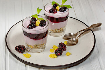 White delicious yogurt dessert with blackberries, granola and jelly. Healthy Breakfast, light snack. Horizontal. Diet.