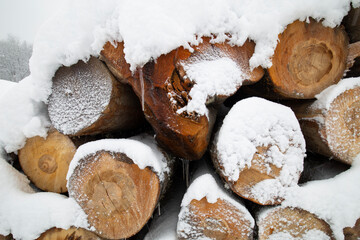 The mountain road is snowy and icy. Images of cut wood on the roadside. Spectacular winter scenery. Uludag National Park. Bursa, Turkey. 