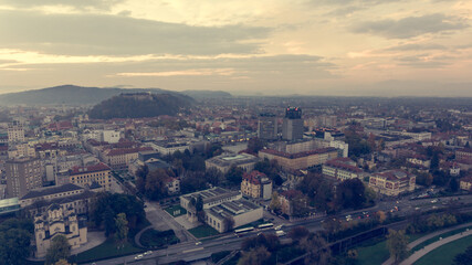 Spectacular morning panoramic city view of Ljubljana.