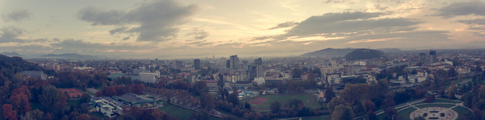 Fototapeta na wymiar Spectacular morning panoramic city view of Ljubljana. C