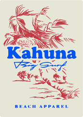 Vector print designs with Hawaii, tropical, surf, tiki mask themed.