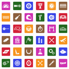 Racing Icons. White Flat Design In Square. Vector Illustration.