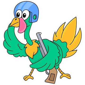 Military troop turkey carrying rifle ready for battle, doodle icon image