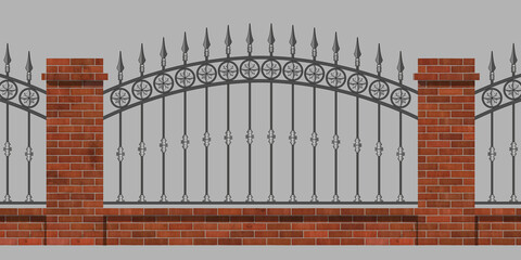 Classic iron fence with red brick pillars. Urban design. Isolated. Gray background.