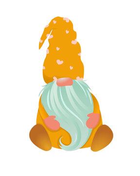 Cute vector gnome in scandinavian style on a white background. Gnome in a yellow hat with hearts and a blue beard. Character with a beard and a hat with hearts. Bright illustration of a gnome.