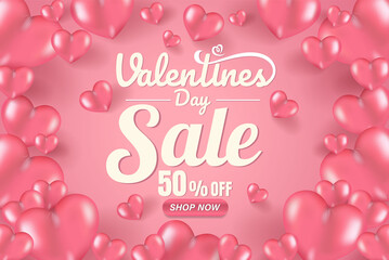 Valentine's day concept background.Vector illustration. Pink 3D transparent ball heart with text Valentine's day white. banner sale cute love or greeting card.Pink balloons love.