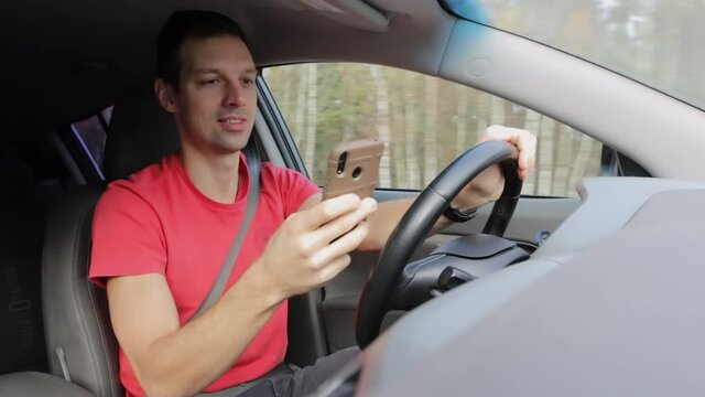 Man plays on phone or gets distracted while driving. Unsafe use of phone, accident on road. Fright and shock of vehicle driver at high speed
