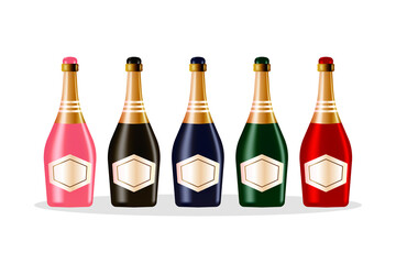 Set of Colorful bottle of Champagne. Vector isolated illustration on white background
