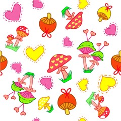 Seamless pattern with mushrooms, hearts elements. Children's illustration. Design for wrapping paper, gift wrapping, postcards, wallpapers, textiles