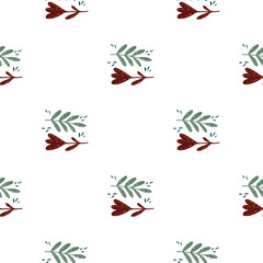 Isolated seamless botanic pattern with green branches and red flower simple silhouettes.