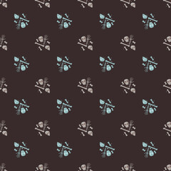 Contrast seamless scary pattern with creative skull and bone blue colored shapes on dark brown background.