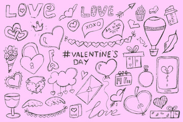 Huge set of icons for Valentine s day. Vector illustration of doodle objects for the holiday on February 14. Set of hand-draw pictures for romance, wedding, date, invitation, greeting card, love