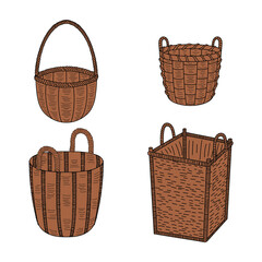 Set of empty wicker baskets. Hand drawn baskets isolated on white background. Vector illustration.