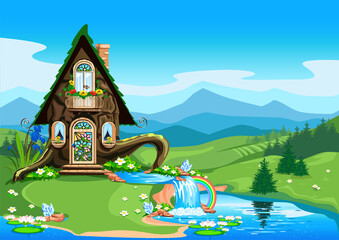 Cartoon forest elf house with a balcony and a magical waterfall weaving into a pond with water lilies. Fairy tale illustration isolated on white background.