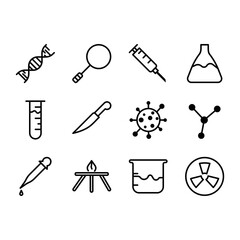 Chemical laboratory research vector linear icon set. Scientific laboratory test illustration pack and thin line analysis. Chemical and biotechnological design elements. Isolated molecule cliparts coll
