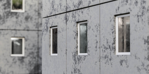 Fototapeta na wymiar grey abandoned buildings with windows plattenbau apartment block 3d render illustration