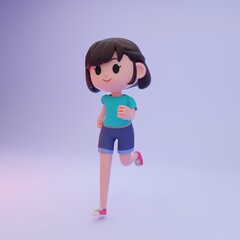 3d render illustration of cute teenager girl running, jogging on light purple color background