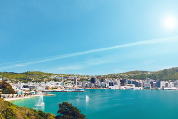 Wellington in New Zealand. View to bay and harbour. - obrazy, fototapety, plakaty