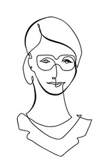 One continuous line drawing of beautiful woman and sunglasses.
One line drawing of portrait classy woman wearing sunglasses.