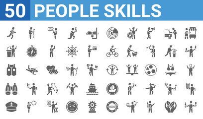 set of 50 people skills web icons. filled glyph icons such as sommelier,runner,navy hat,big binoculars,safety vesty,leadership,journalist,sensitivity. vector illustration