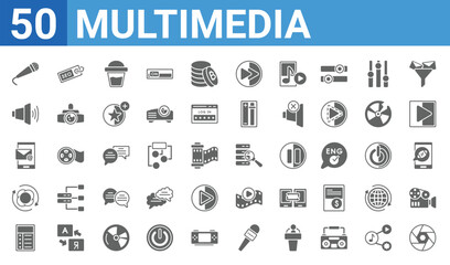 set of 50 multimedia web icons. filled glyph icons such as diaphragm,condenser,interface,rolling,mailed,speakers volume,seo tag,database analysis. vector illustration