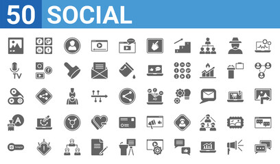 set of 50 social web icons. filled glyph icons such as square bubble,photos,buttons,letter color,recreational,mass media,net,ad. vector illustration