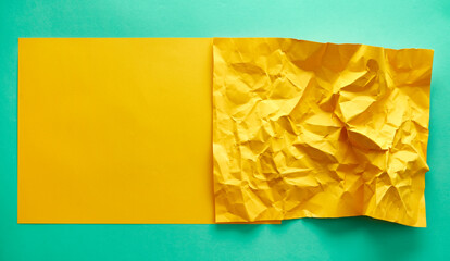Yellow crumpled paper texture background, Yellow paper with blue paper pattern background