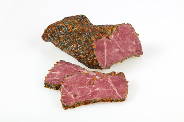 Tasty meat sausages over white background