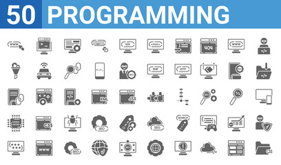 Fototapeta na wymiar set of 50 programming web icons. filled glyph icons such as css file format,web domain,clean code,microchip,broken link,seo funnel,code terminal,addon. vector illustration
