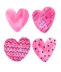 set of watercolor pink hearts 