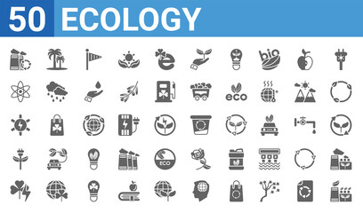 set of 50 ecology web icons. filled glyph icons such as sustainable factory,recycling factory,power,eco plug,solar energy,nuclear energy,coconut tree,recycle bin. vector illustration